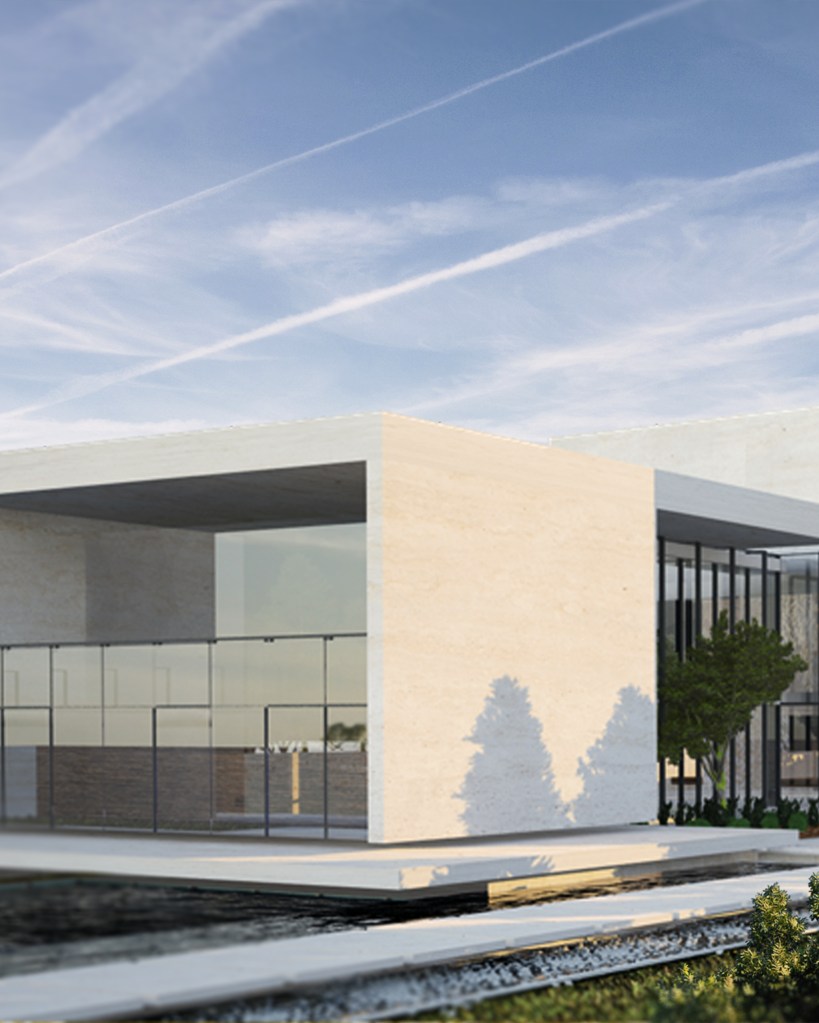 Modern Façade with glass front and honed limestone cube floating over the swimming pool of ZK Residence.